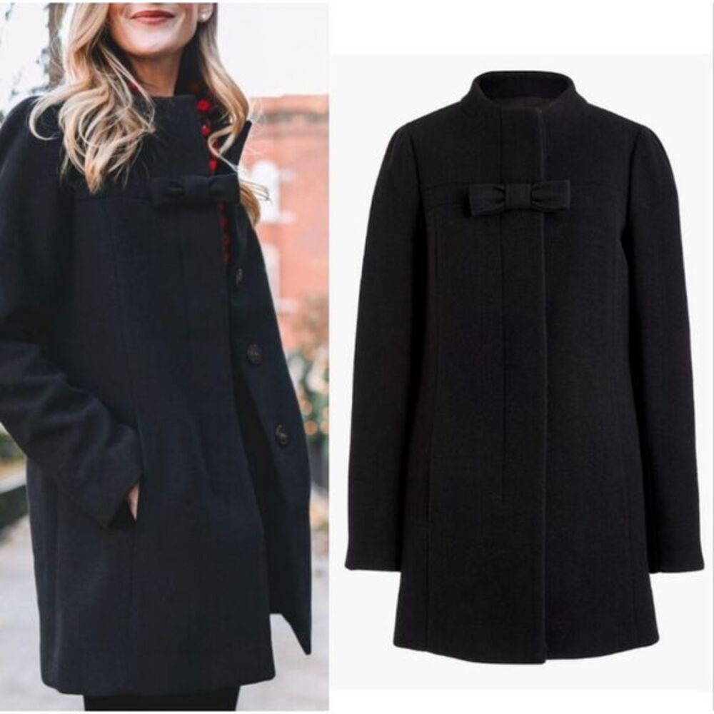 J. Crew Bow Front Coat Women’s Black Wool Button Up Long Peacoat sz 20 Jacket 2x